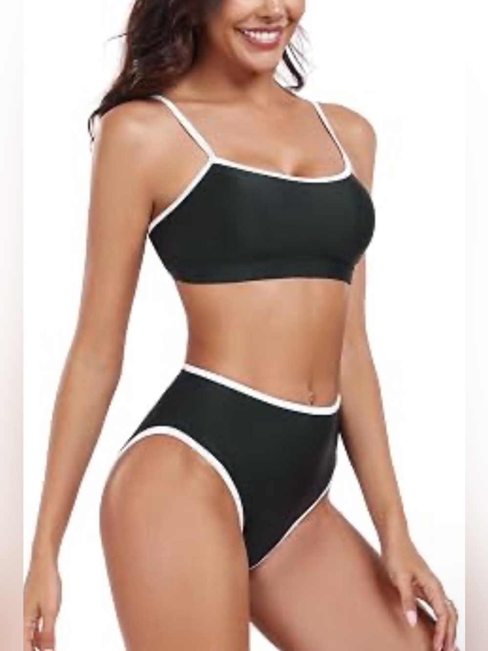 High-Waist Black Bikini Set with White Contrast Trim